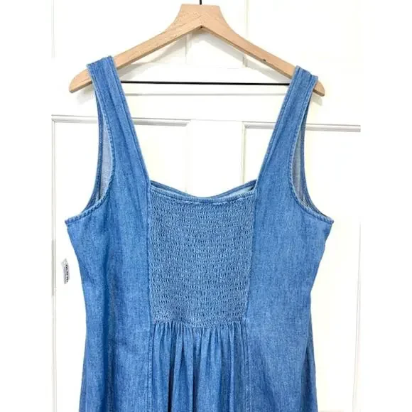 Old Navy Denim Chambray Midi Dress XL Blue Smocked Back Square Neck Cottagecore - Picture 7 of 15